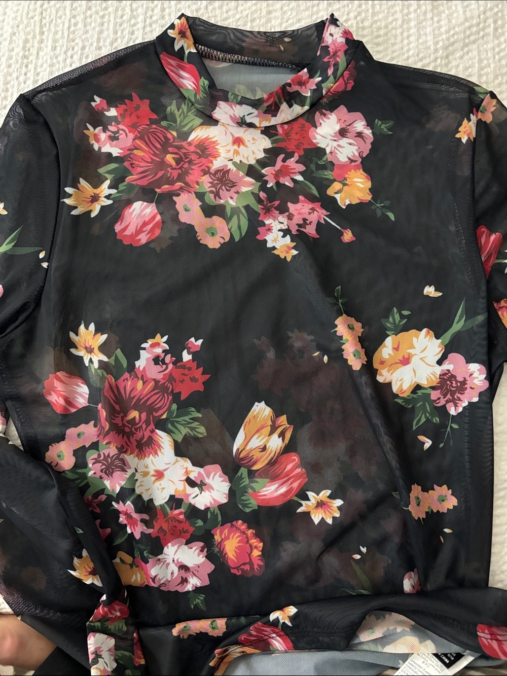 SHEIN Black Floral Mesh Mock Neck Long Sleeve Top NWOT